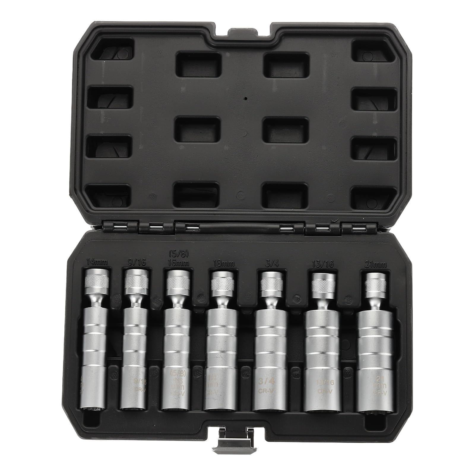 QUARKZMAN 7 Pezzi Set Presa Candele 3/8" Drive 4/16/18/21mm 9/16" 3/4" 13/16" Snodo Magnetico 12 Punti Parete Sottile Presa Candele con Snodo A 360 Gradi CR-V Acciaio, Argento