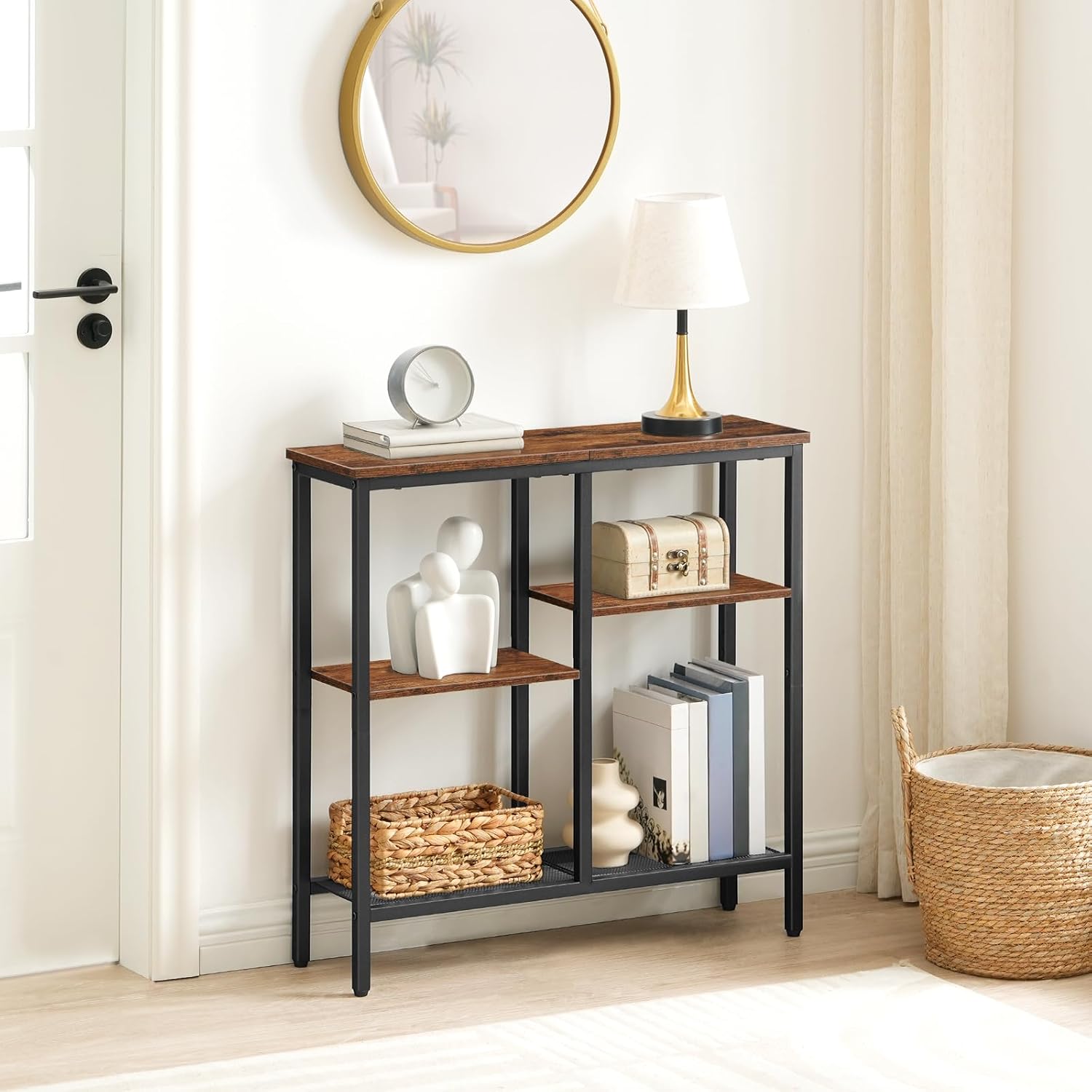 HOOBRO Narrow Console Table, Sofa Table, 4-Tier Industrial Entryway Table with Metal Mesh Shelf, Hallway Table with Adjustable Feet, for Entryway, Living Room, Hallway, Rustic Brown and Black BF79XG01