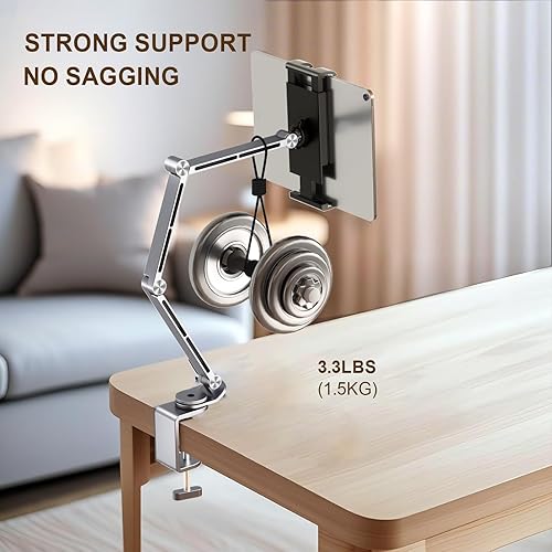 Miniatura 2 de Soporte para tablet para escritorio, monitor de escritorio de aleación de aluminio para iPad con base giratoria de 360, brazo ajustable y plegable