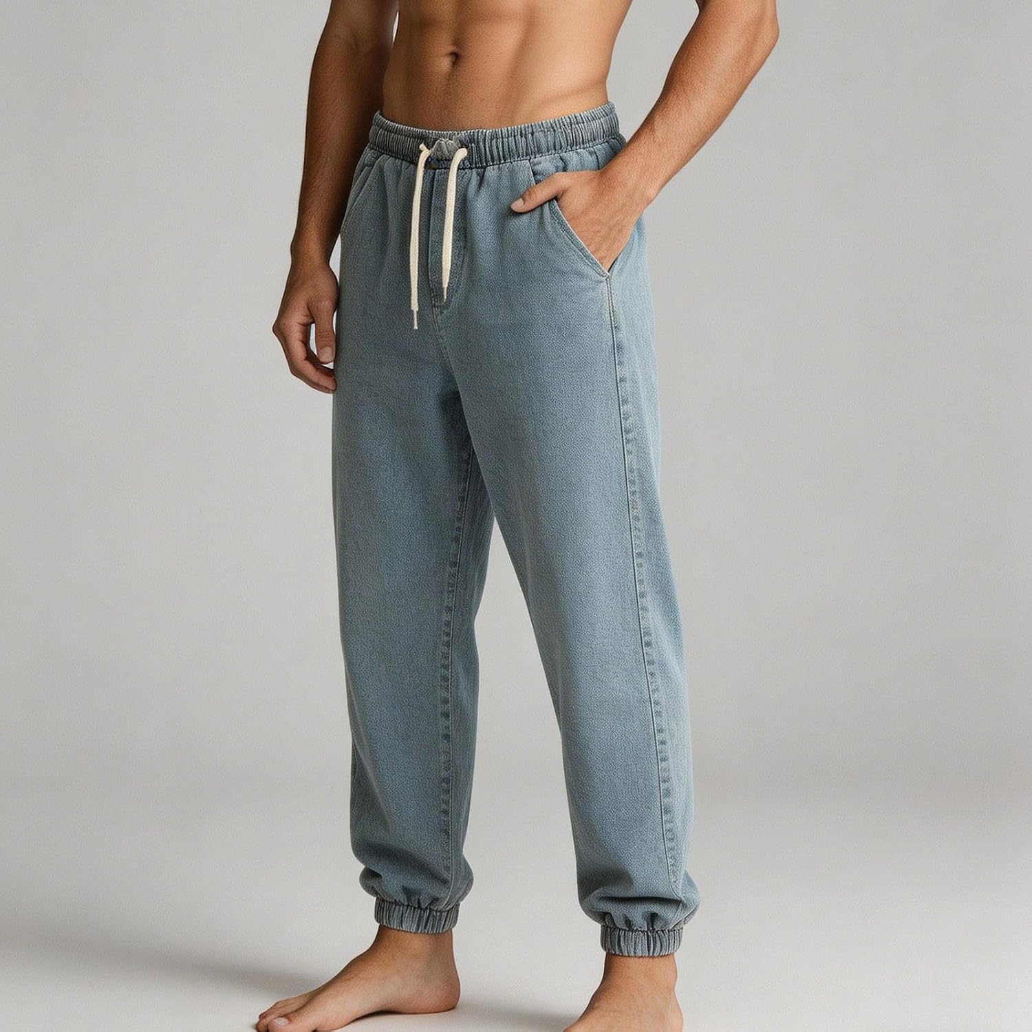 Mens Denim Joggers Drawstring Elastic Waist Pull On Pants Loose Tapered Ankle Jeans Baggy Jean Sweatpants