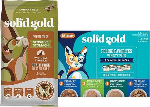 Solid Gold Alimento seco para gatos con estómago sensible, fabricado con codorniz real y calabaza para la salud intestinal y el apoyo inmunológico,
