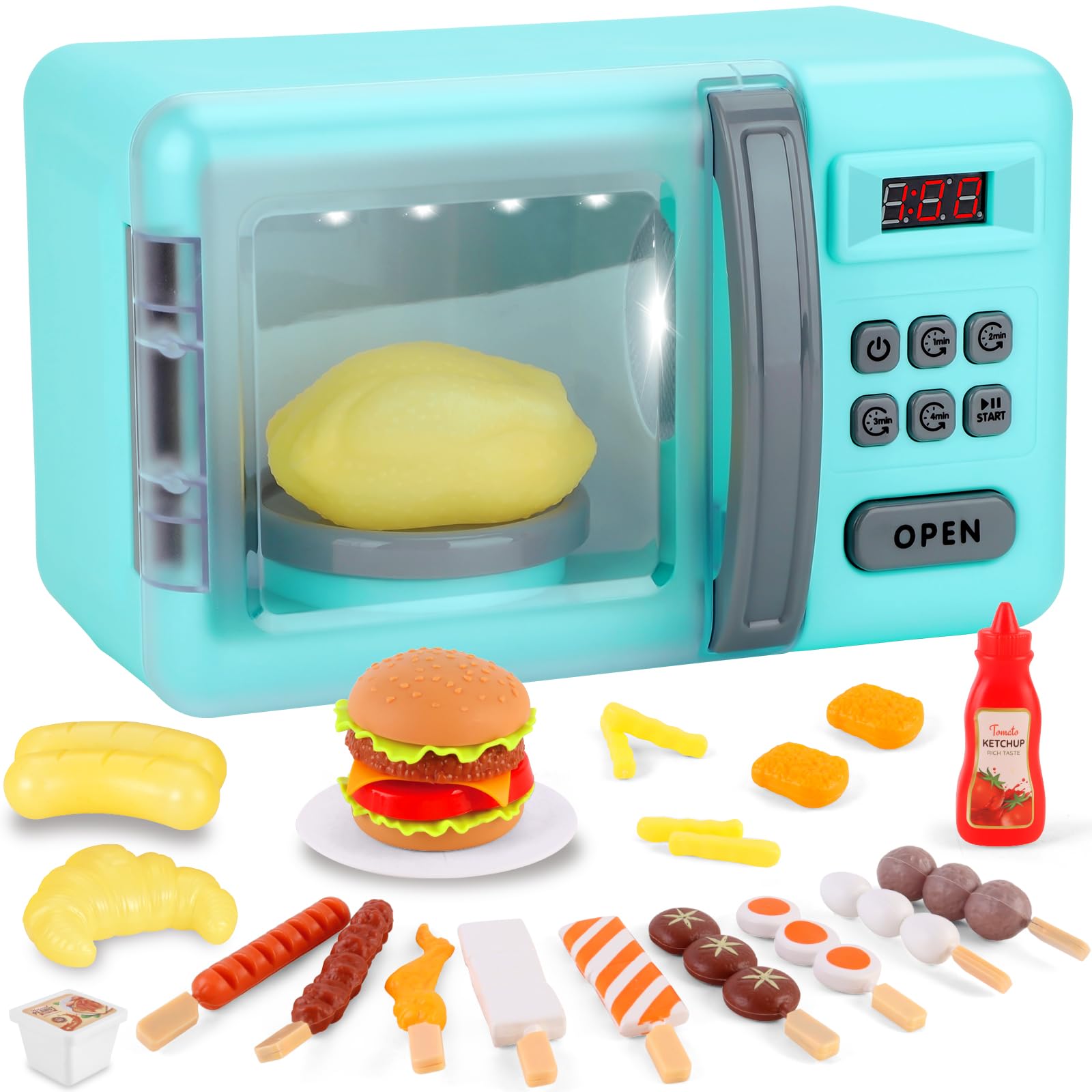 deAO Micro-Ondes Four Toy Cooking Play Kit avec Lumière Réaliste, Sons | Jeu de Cuisine avec Poulet Rôti et Play Fake Foods, Électronique et Aliments de Jeu, Jouets Cuisine Éducatifs pour Enfants