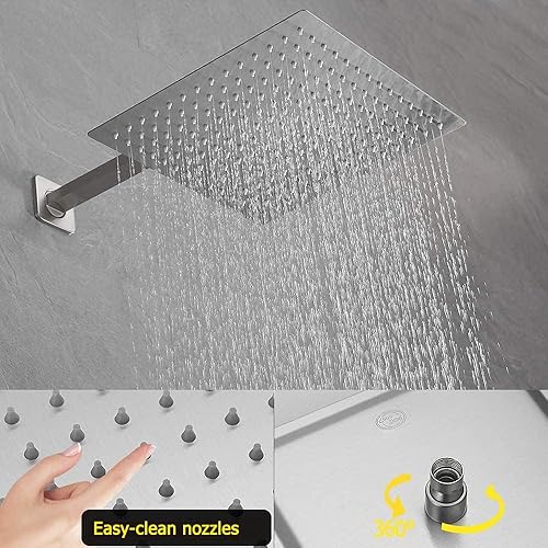 Miniatura 3 de Sistema de ducha de níquel cepillado de 12 pulgadas, mezclador de lluvia de lujo, conjunto combinado de ducha montado en la pared y sistema de mano,