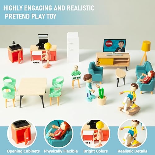 Miniatura 3 de Juego de muebles de casa de muñecas de madera de 43 piezas, 6 habitaciones con 5 muñecas familiares, accesorios de casa de muñecas de madera y