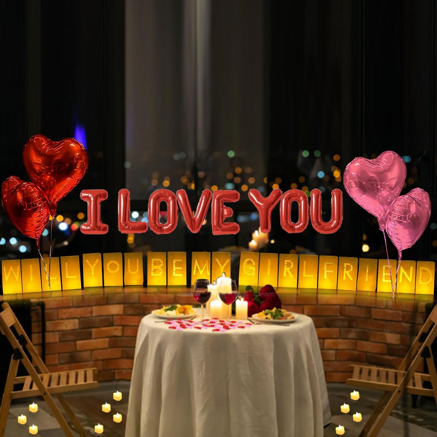 Will You Be My Girlfriend Lighted Letters Sign 21pcs Luminary Paper Bags 2200pcs Red Pink Artificial Rose Petals 48pcs Flameless LED Candle Tealight 10pcs Heart Balloons Romantic Night Valentine's Day - Image 4