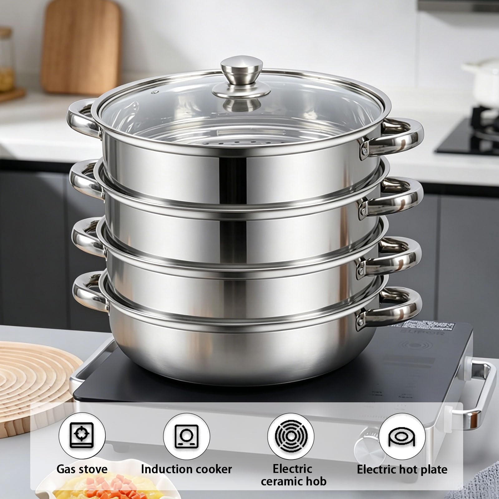 Olla para Cocinar al Vapor, 28 CM Acero Inoxidable, con Inserto de Vapor y Tapa de Cristal Inducción, Olla de Vapor para Cocinar al Vapor Simultáneamente Sopa, Pasta (Paquete de cuatro unidades)