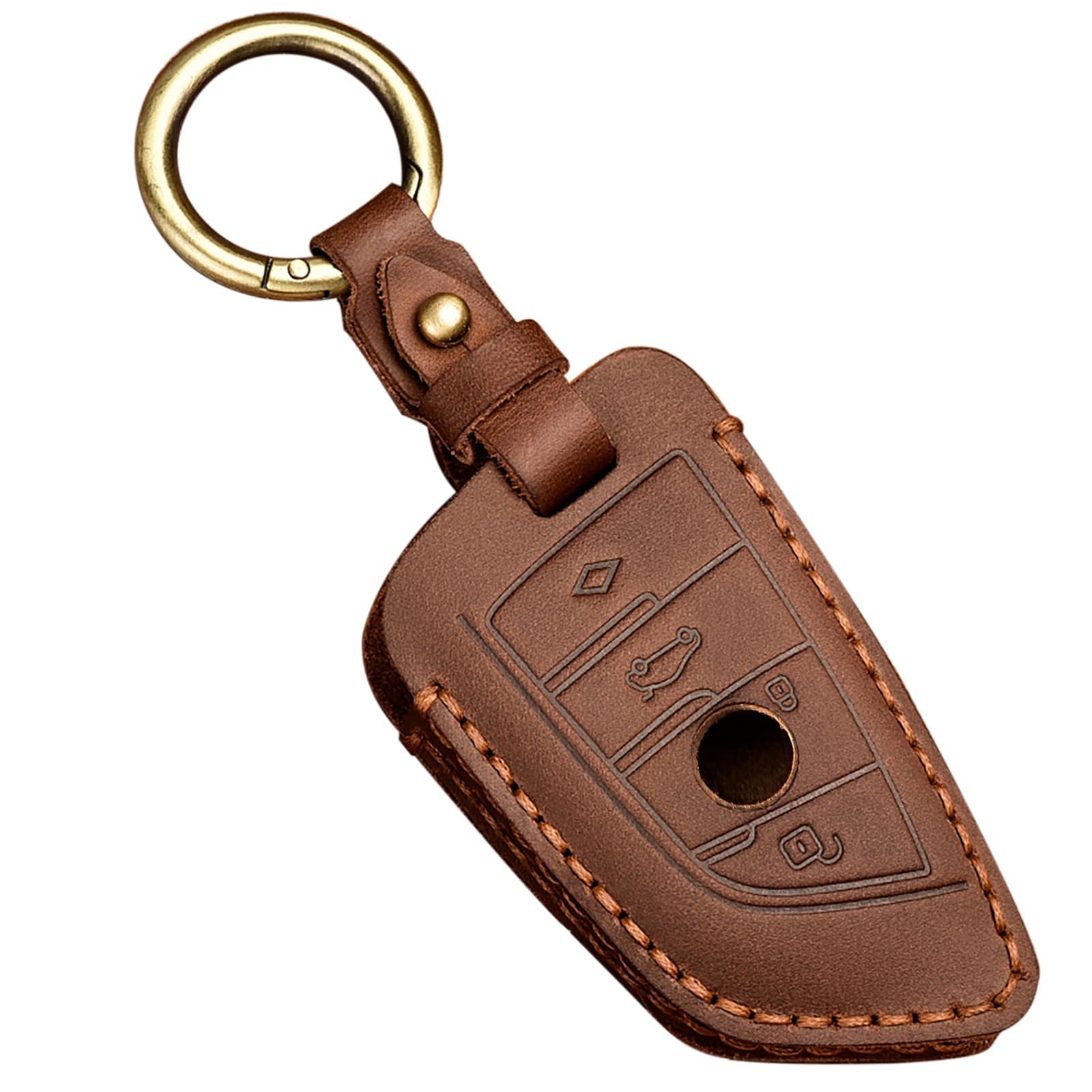 Leather Key Fob Cover for BMW, Fits 5, 6, 7 Series, X1, X2, X3, X5, X6, GT Series, No Screws Design with Keychain, Key Fob Case for BMW, Brown