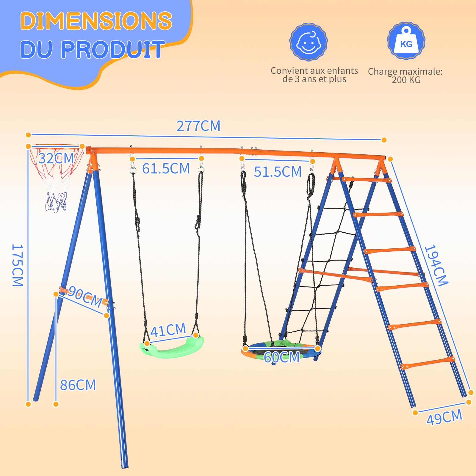 LEADZM Balancoire Exterieur avec Structure d'escalade, Panier de Basket