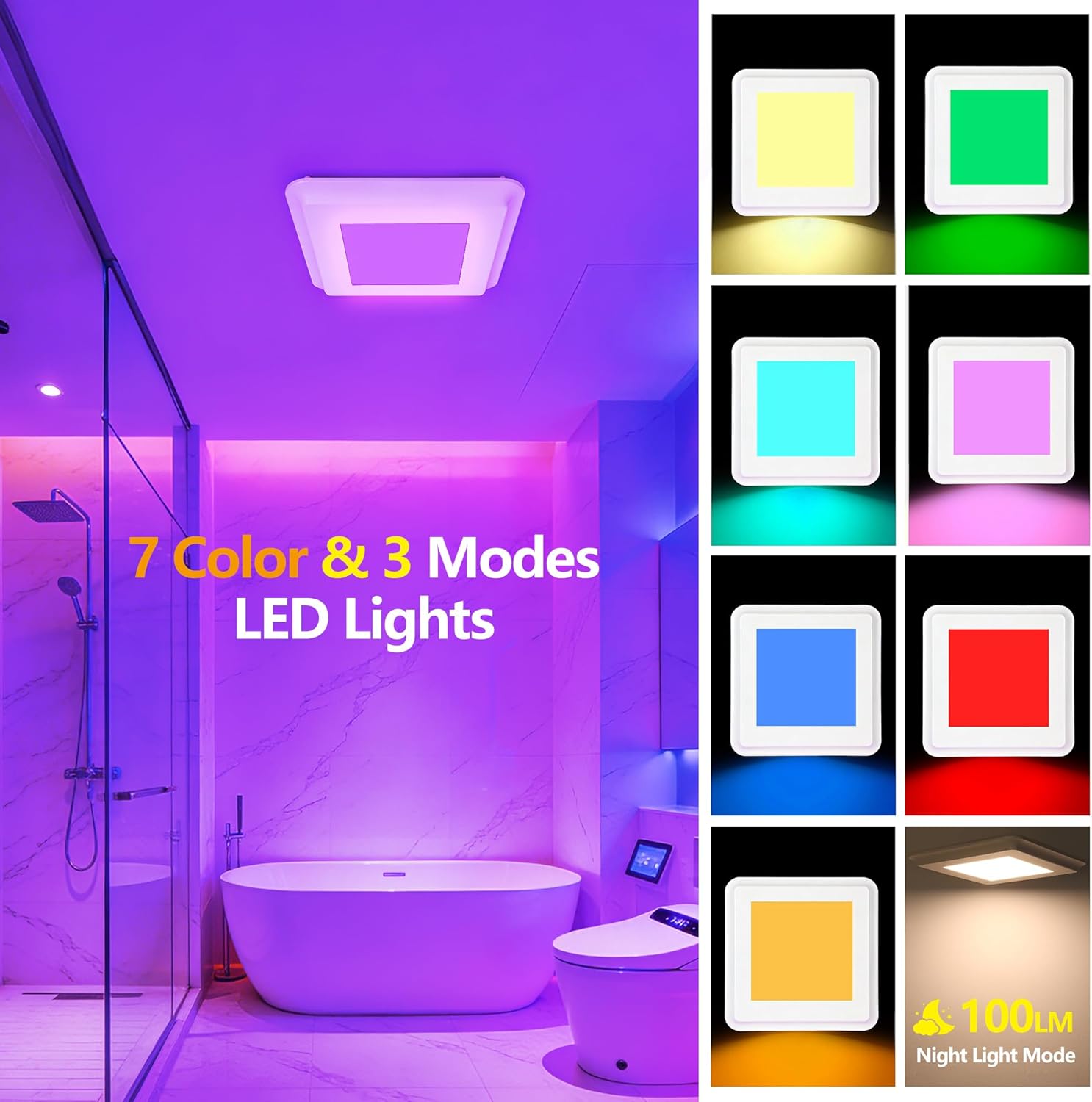 Bathroom Exhaust Fan with Light, 110/130 CFM, 1.0 Sone, 34W Bathroom Fan with Light, 1000LM, 5CCT Dimmable, 7 RGB Modes & 3 Dynamic Modes & NightLight, Remote Control, Easy to Install