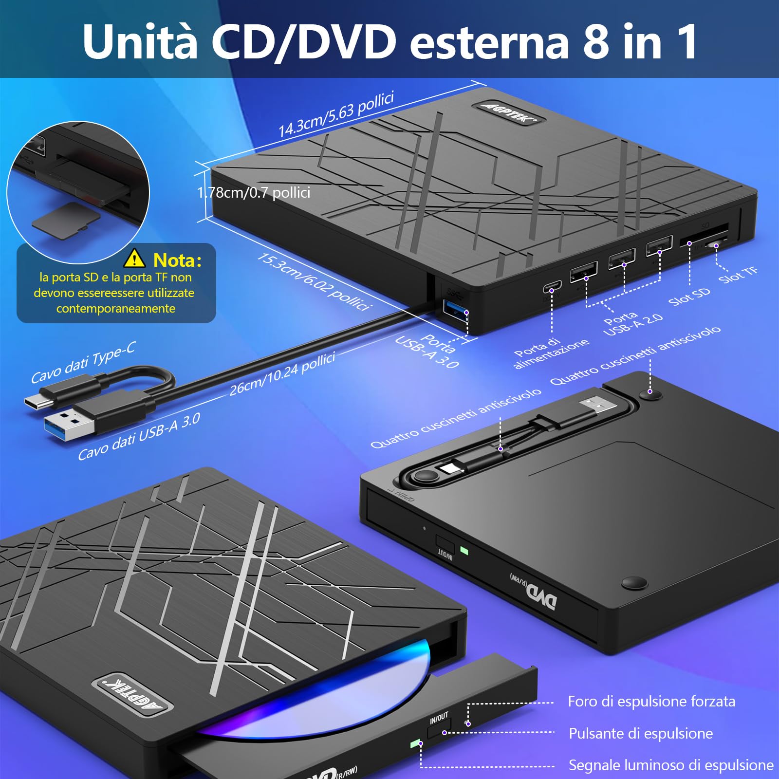 AGPTEK Lettore CD/DVD esterno per laptop, masterizzatore DVD sottile USB 3.0 | Lettore CD/DVD con adattatore Ethernet, slot per schede TF/SD, porte USB, per laptop, PC, MacBook, Windows/Linux/Mac OS