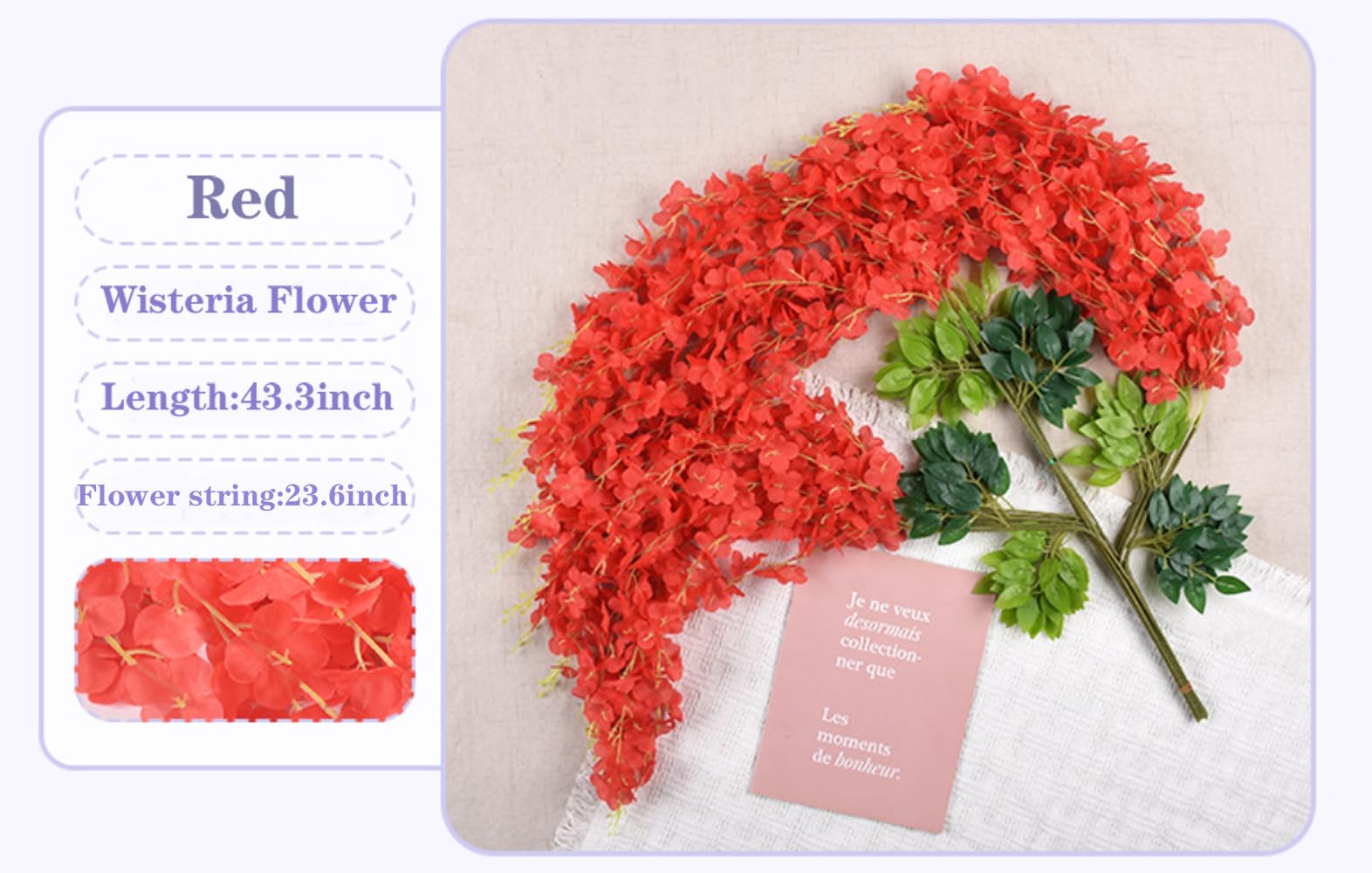 SZJH 12pcs 3.6 Feet/Piece Artificial Fake Wisteria Vine Ratta Hanging Garland Silk Flowers String Home Party Wedding Decor (Red) - Image 3
