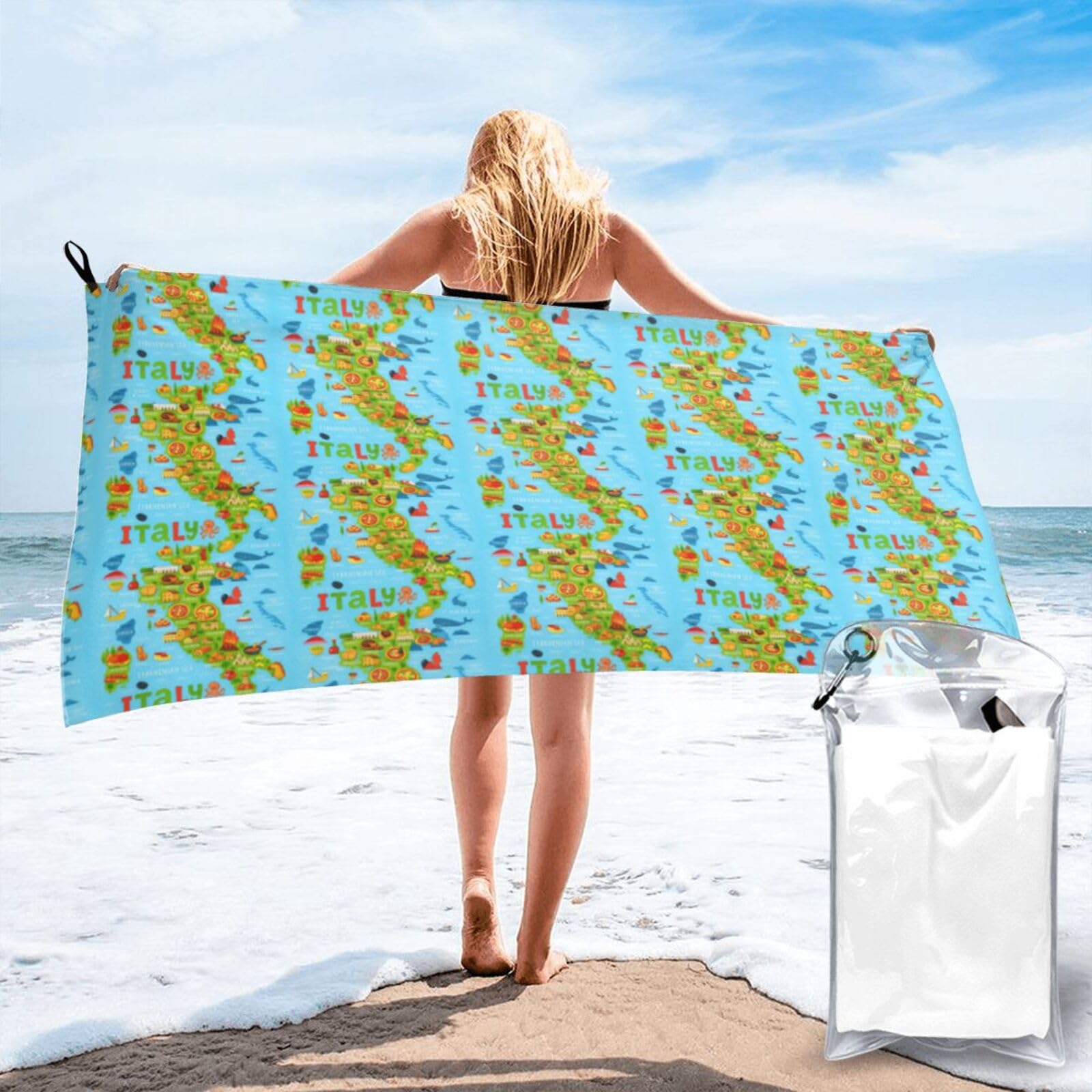 FHIZOAL Italy Map With Food Icons Quick Dry Towel Microfibre Towel Super Absorbent Ultra Compact Gym Sports Beach Camping Travel