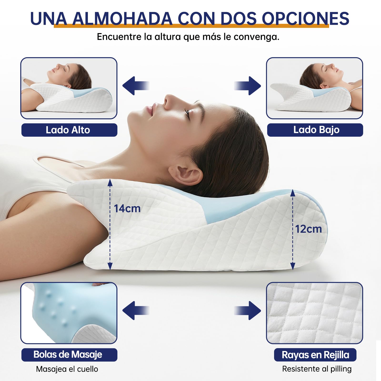 Almohada Cervicales y Cuello 2 en 1, Almohada Ergonómica, Almohada Ortopedica Cervical para Soporte de Hombro/Cuello/Cabeza de Lado, Espalda y Estómago 60x43x14/12cm Azul