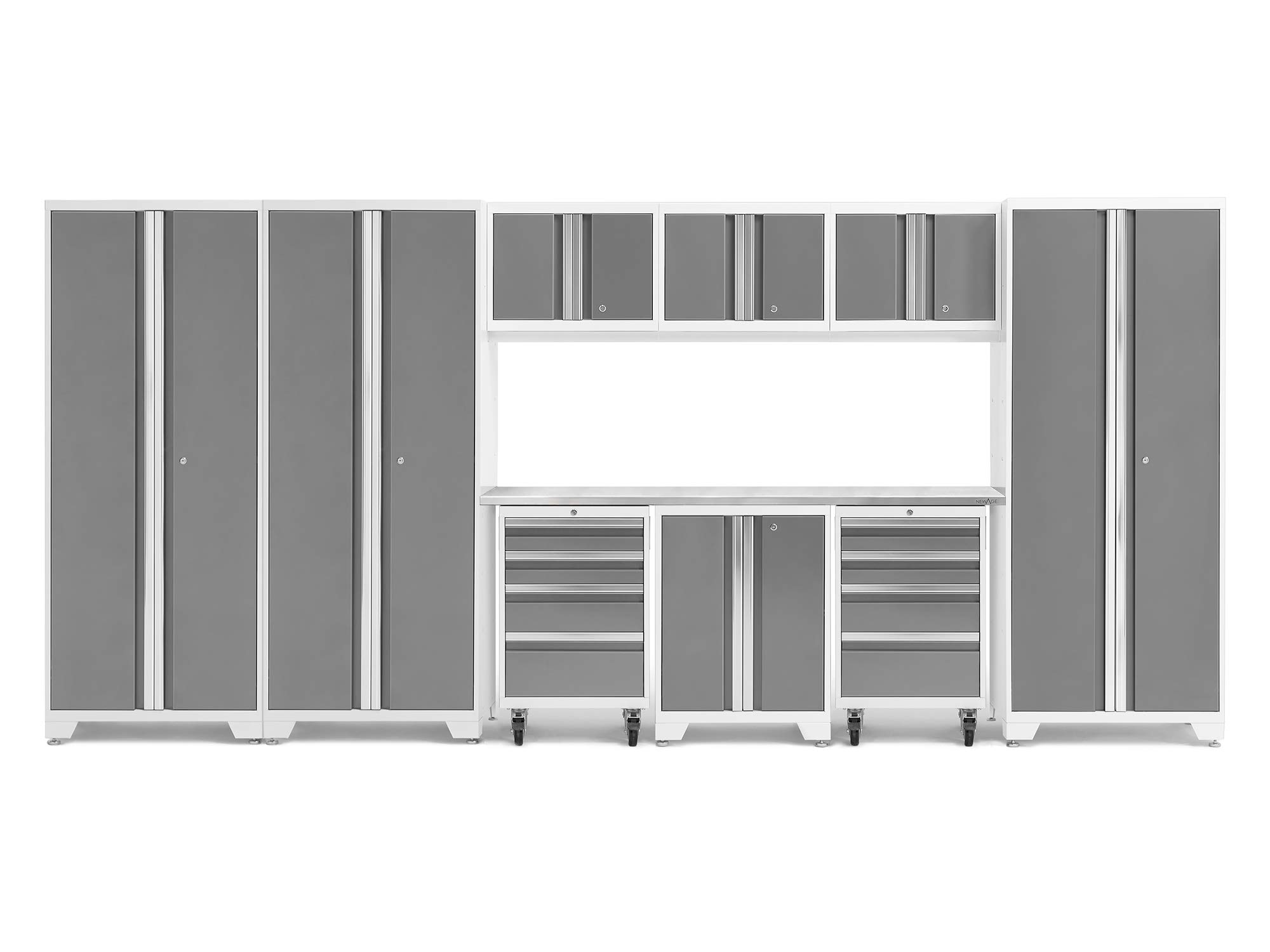 NewAge Products White Bold Series 10PC Garage Cabinetry Set · 24-Gauge Steel · Fully Welded · 162" W x 18" D x 76.75" H, 56977