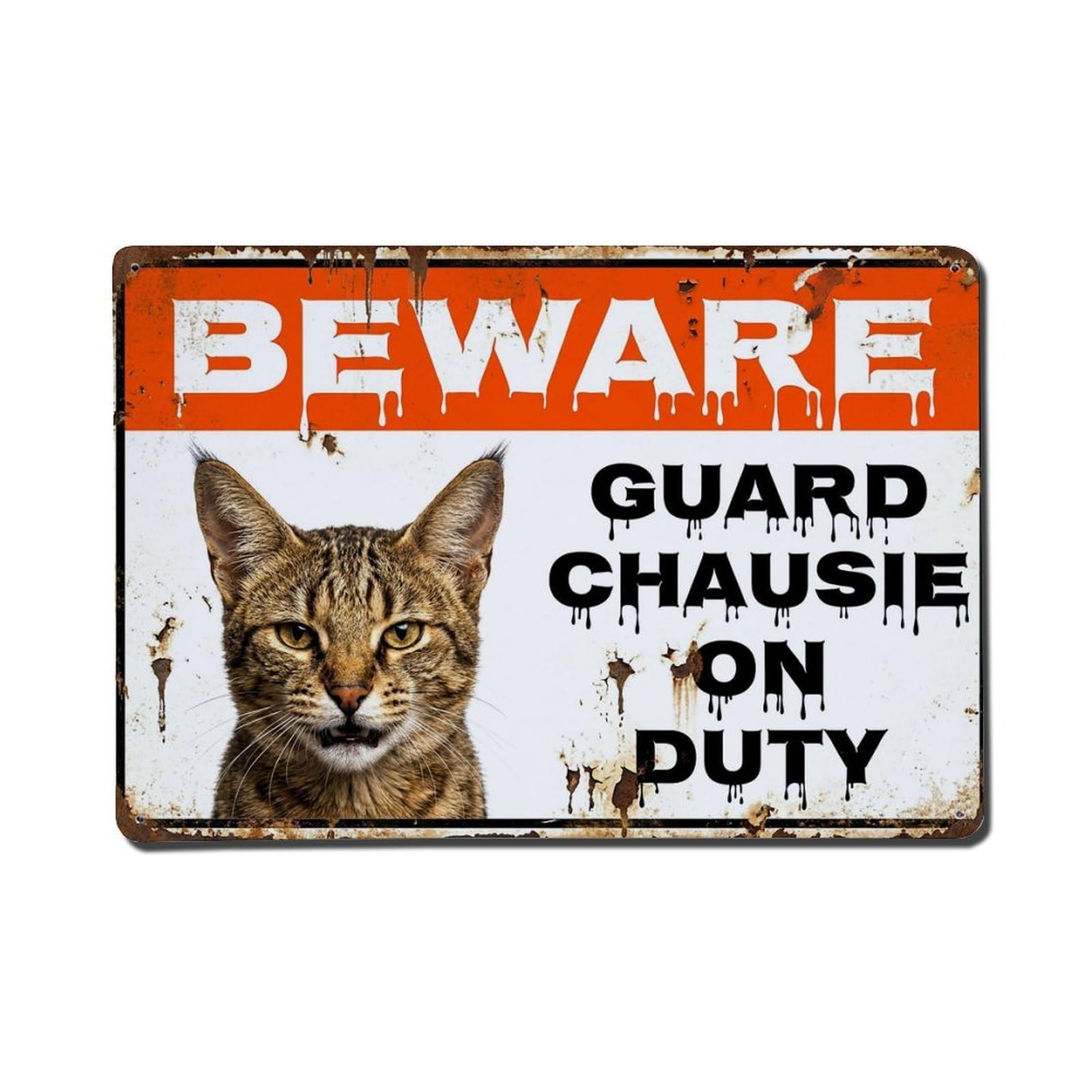 Vintage Funny Chausie Guard Beware of Cat Veranda Metal Tin Sign Plaque Wall Decor for Cafe, Club Bar, Office, Garden Metal Poster 8x12Inch