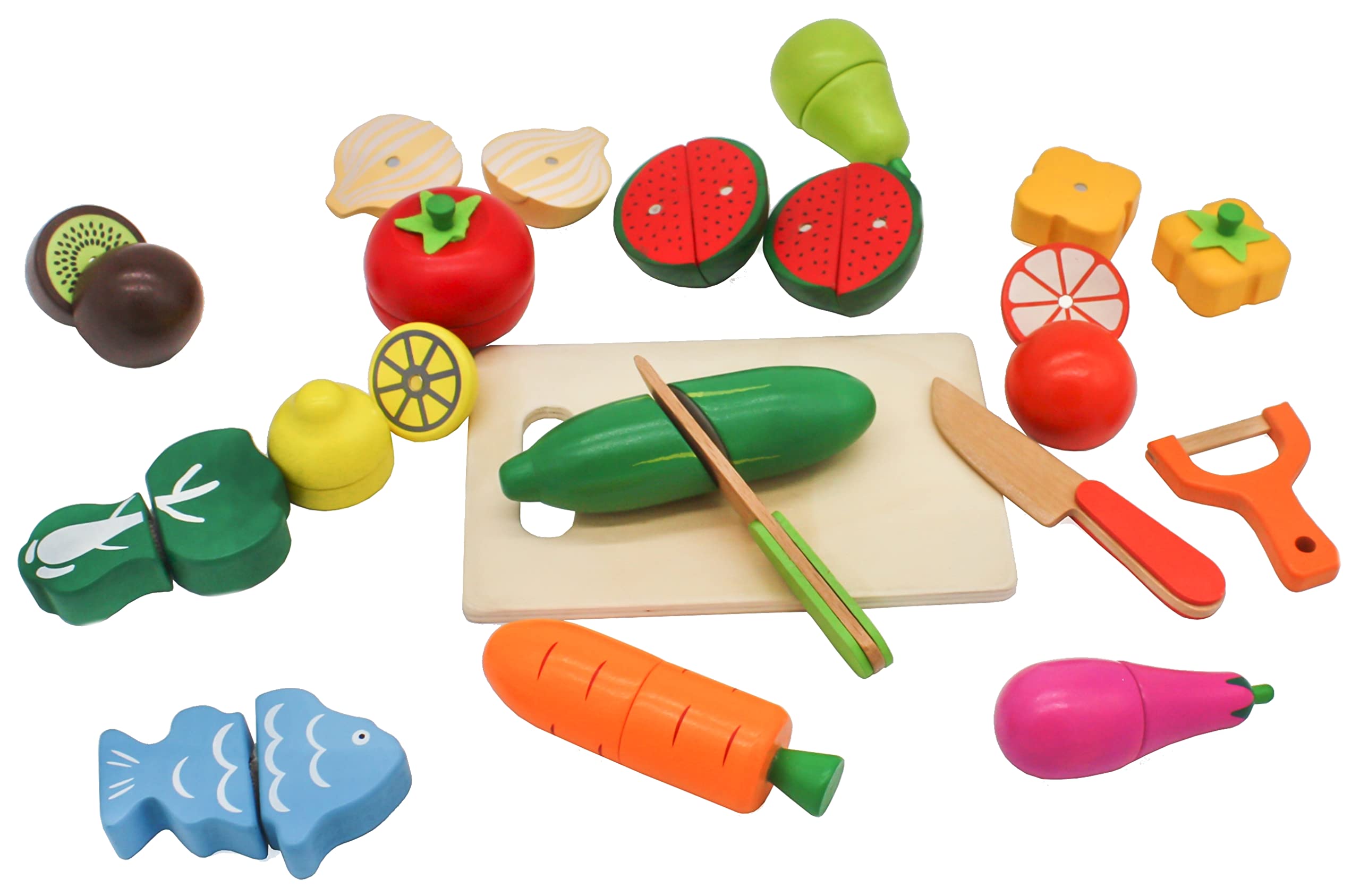 Mamabrum Frutas y Verduras Juguete - Set de Comida Madera con 17 Elementos Magnéticos - Comida de Juguete para Cocinita Infantil con Tabla, Cuchillos y Caja Almacenamiento - 3+ Años