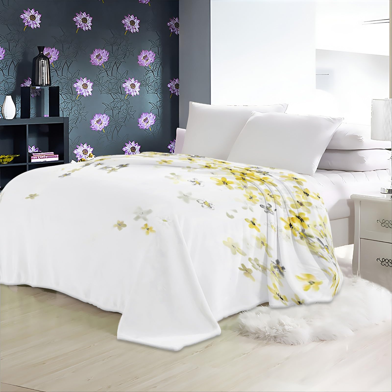 Coperta Plaid in Flanella di Pile Floreale 180x200 cm Super Morbida e Calda Coperta in Microfibra Letto Matrimoniale Singolo, Coperte per Bambina Bambino Regalo - Bianco
