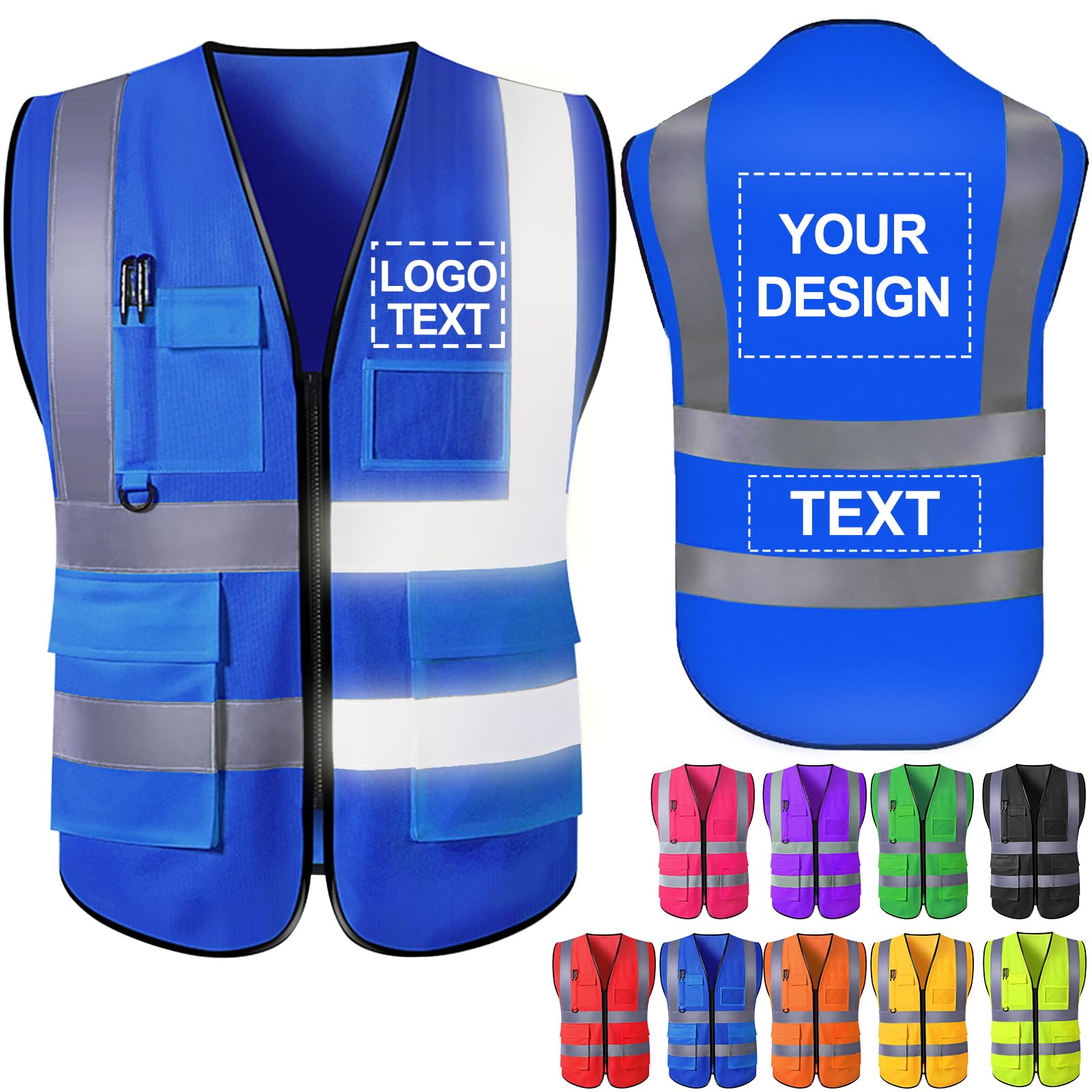 Custom Safety Vest for Men with Logo High Visibility Reflective Vests 5 Pockets Class 2 Construction Security