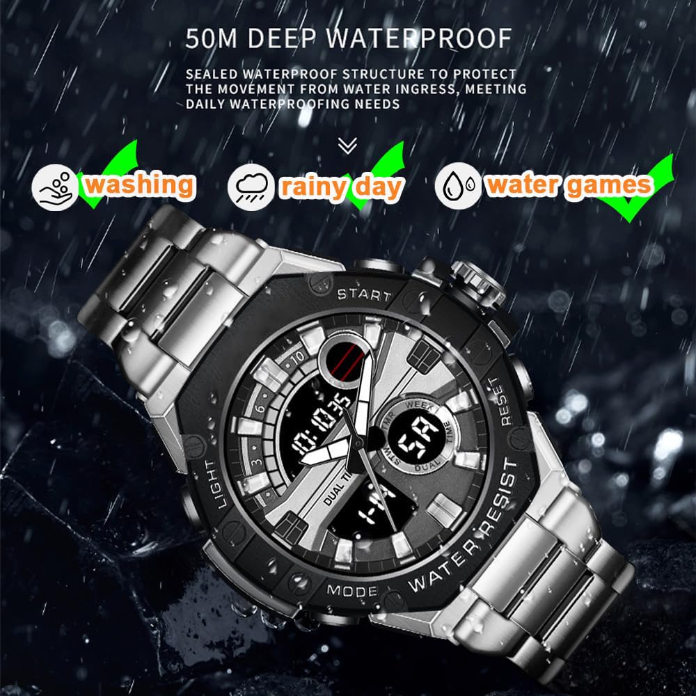 findtime Montre de sport militaire pour homme - Montre numérique étanche - Bracelet en acier inoxydable - Montre robuste avec rétroéclairage LED - Alarme et chronomètre
