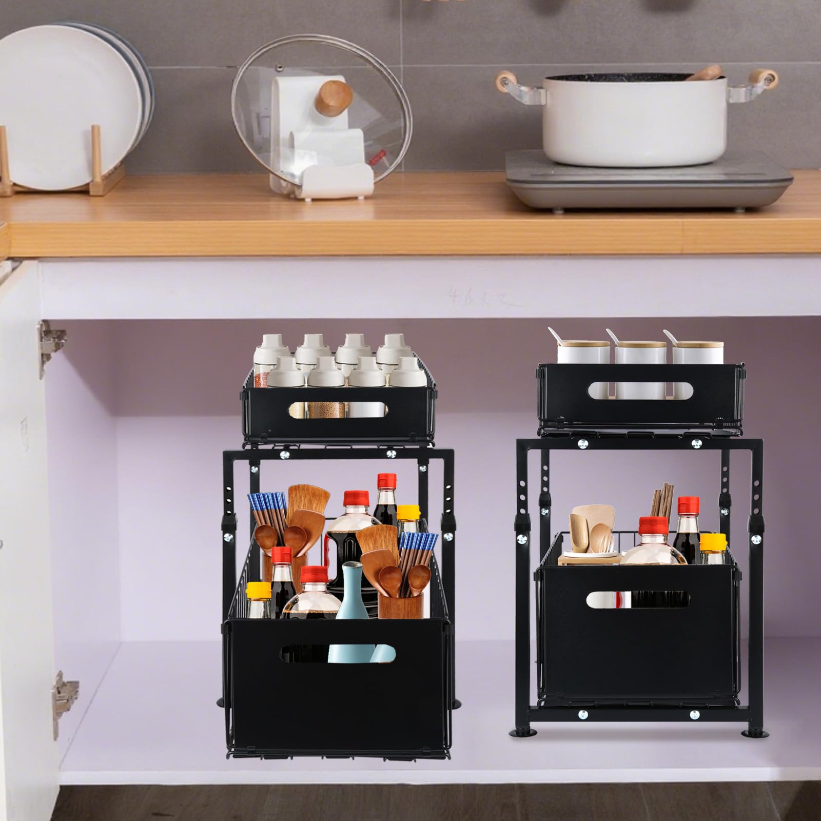OHMG Organiseurs de Placards,Bac de Rangements sous Evier 2 Niveaux Organisateur Coulissant avec 2 Tiroirs Porte-épices pour Comptoir de Cuisine Organisateur pour Salle de Bain, Cuisine, Bureau