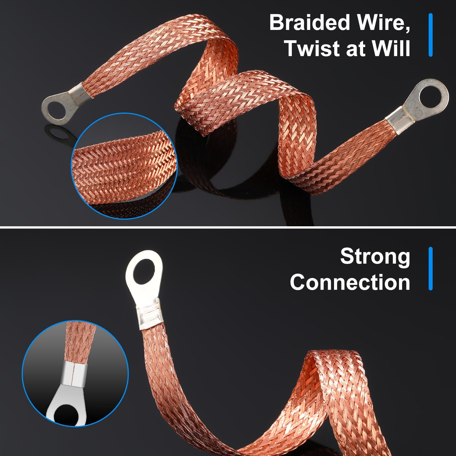 Yaocom 12 correas universales de tierra para automóvil, kit de correa de tierra de motor de 10/15/20 pulgadas con terminales de anillo, correas de cable de conexión a tierra de cobre estañado de cobre
