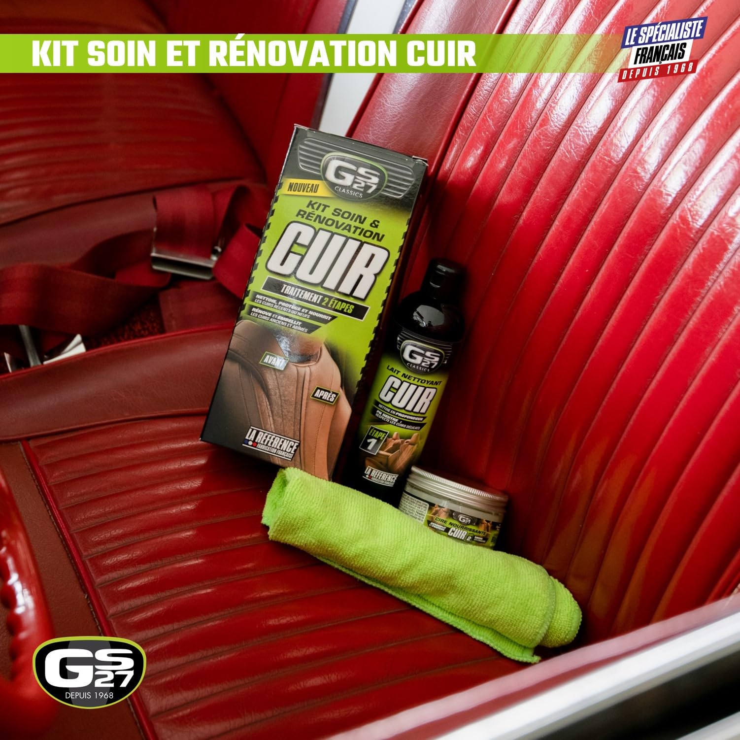 GS27 - Kit Soin et Rénovation Cuir - Entretien Cuir Voiture - 1 Lait + 1 Cire + 1 Microfibre