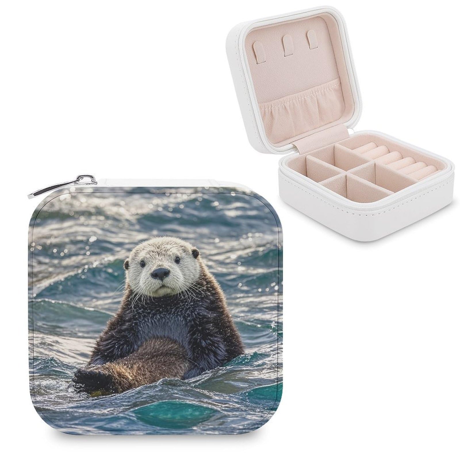 FekiLoot Sea Otter Travel Jewelry Box Small Jewelry Organizer Storage Case Portable PU Leather Mini Jewellry Travel Case Necklace Ring Storage Organizer Gift for Women