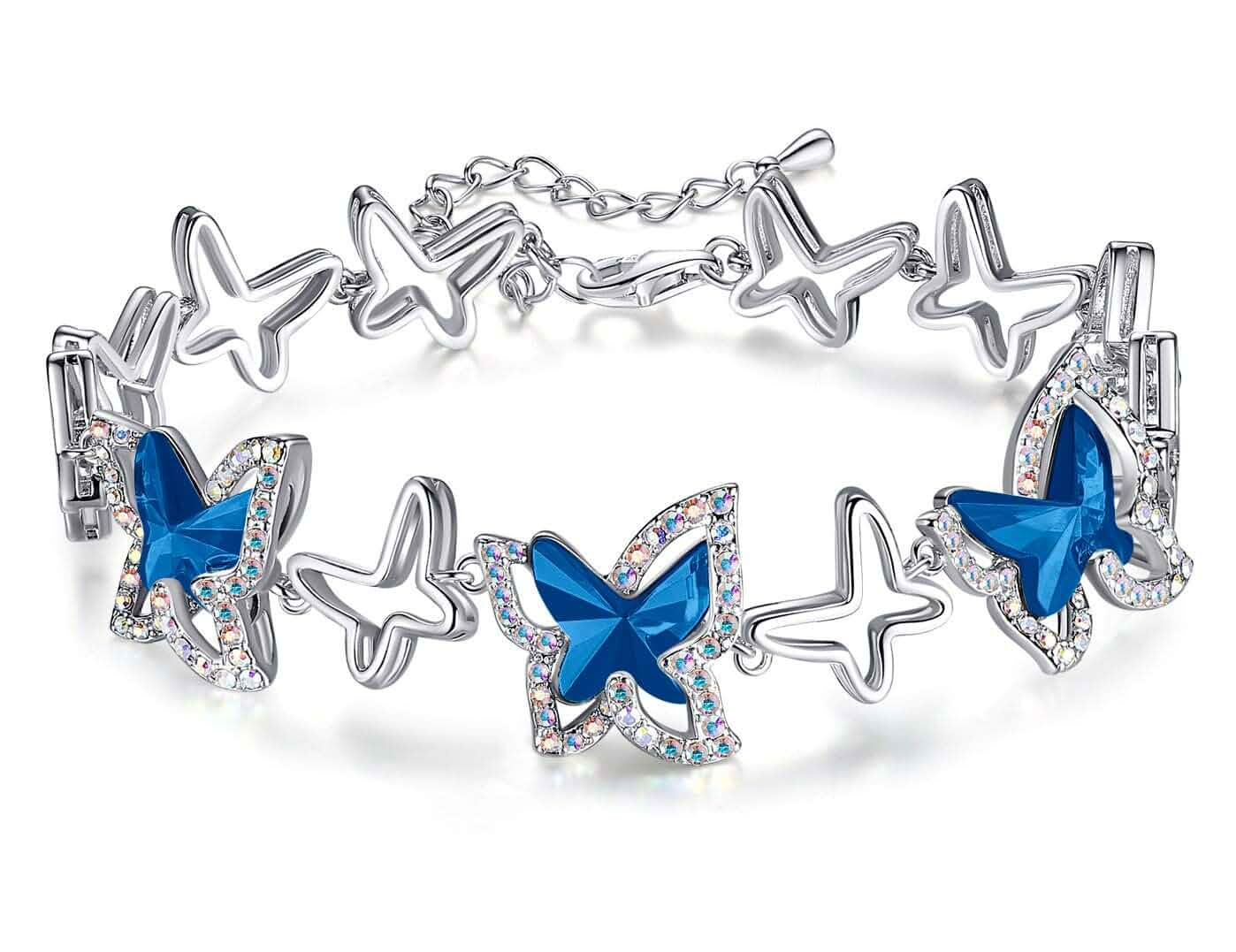 Butterfly Link Charm Bracelet, Birthstone Crystal, for Women, Silver Tone Jewelry, Anniversary Birthday Gift for Her, Wife & Mom, 7"+2" Chain Adult