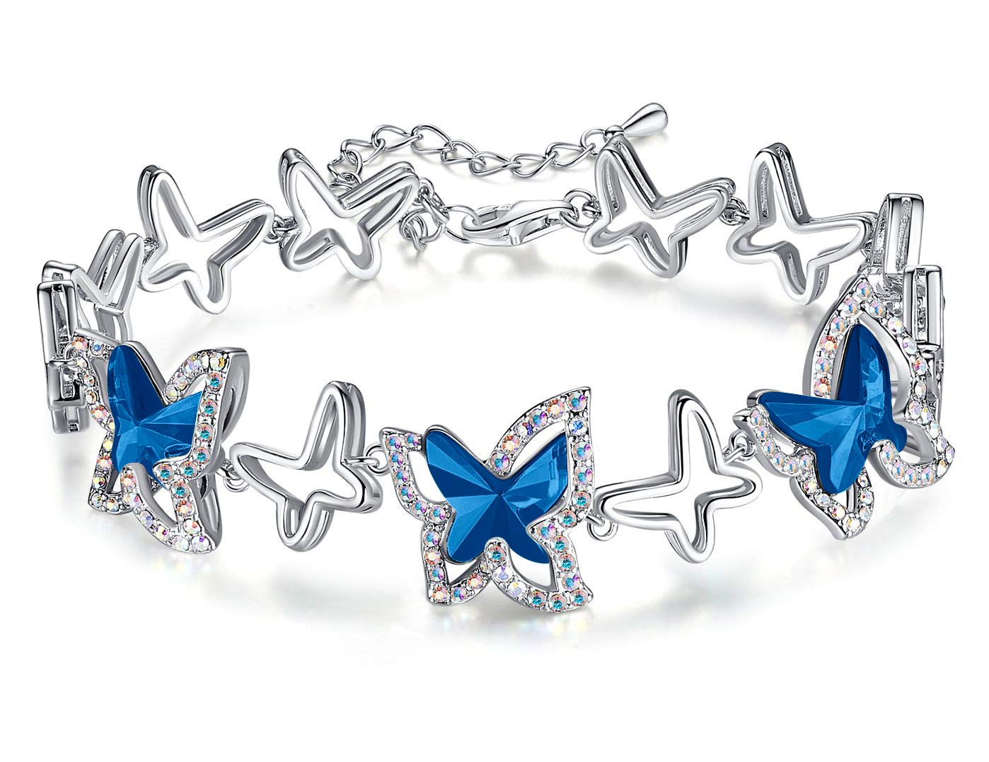 Butterfly Link Charm Bracelet, Birthstone Crystal, for Women, Silver Tone Jewelry, Anniversary Birthday Gift for Her, Wife &amp; Mom, 7"+2" Chain