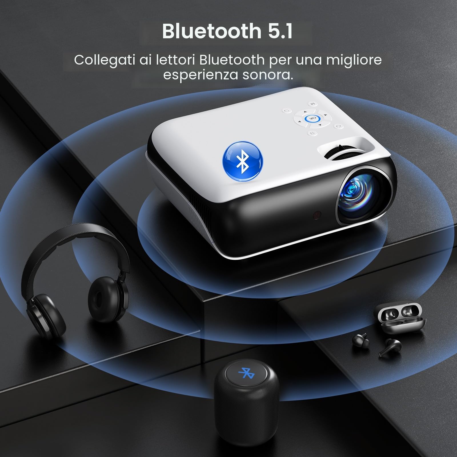 HAPPRUN H1 Proiettore 4K, Videoproiettore Portatile 1080P Full HD Bluetooth 5.1, HDMI TV Stick USB PS5 Laptop