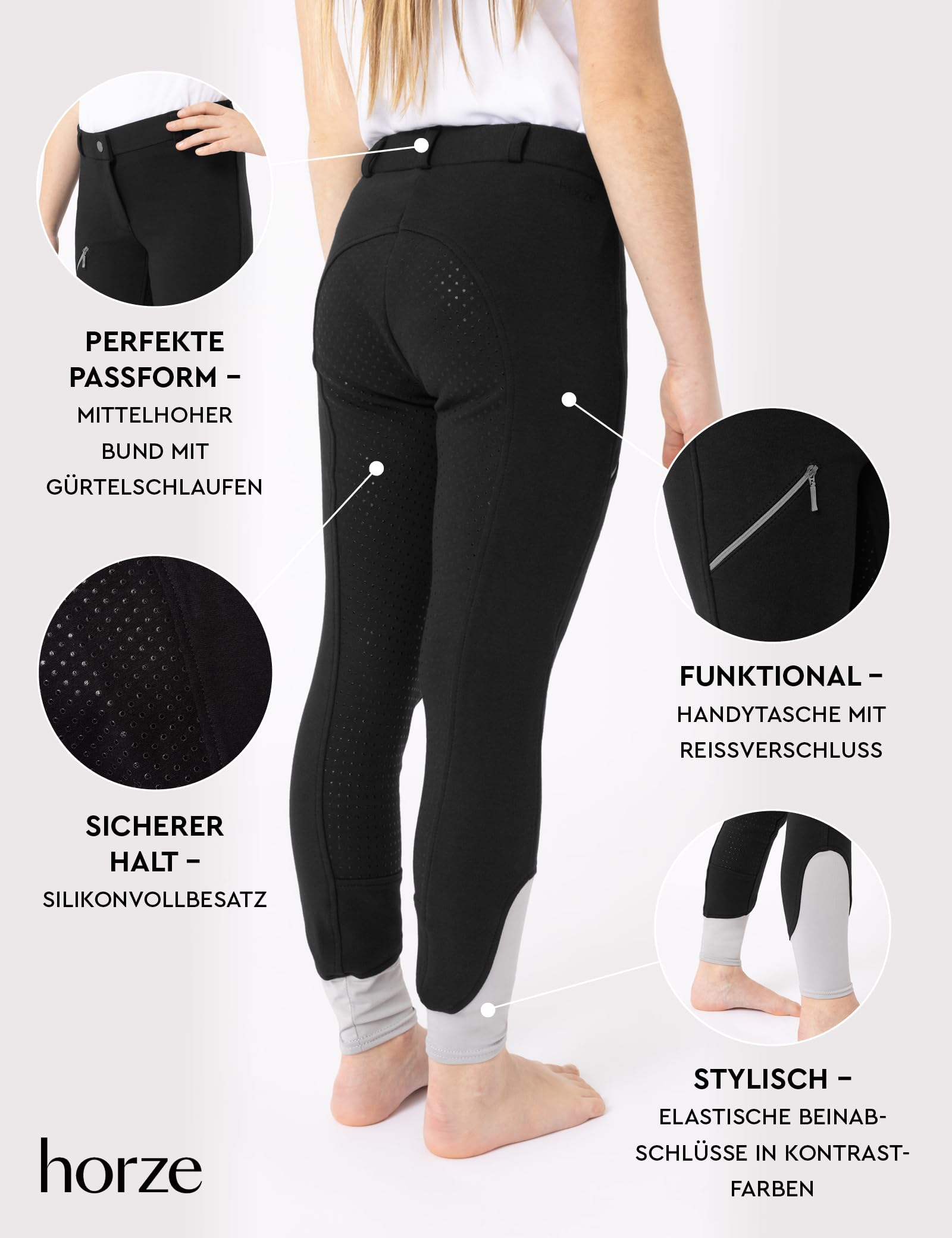 HORZE Felicia - Pantalones de equitación para niña con trabillas para cinturón, ribete completo y funda para teléfono móvil