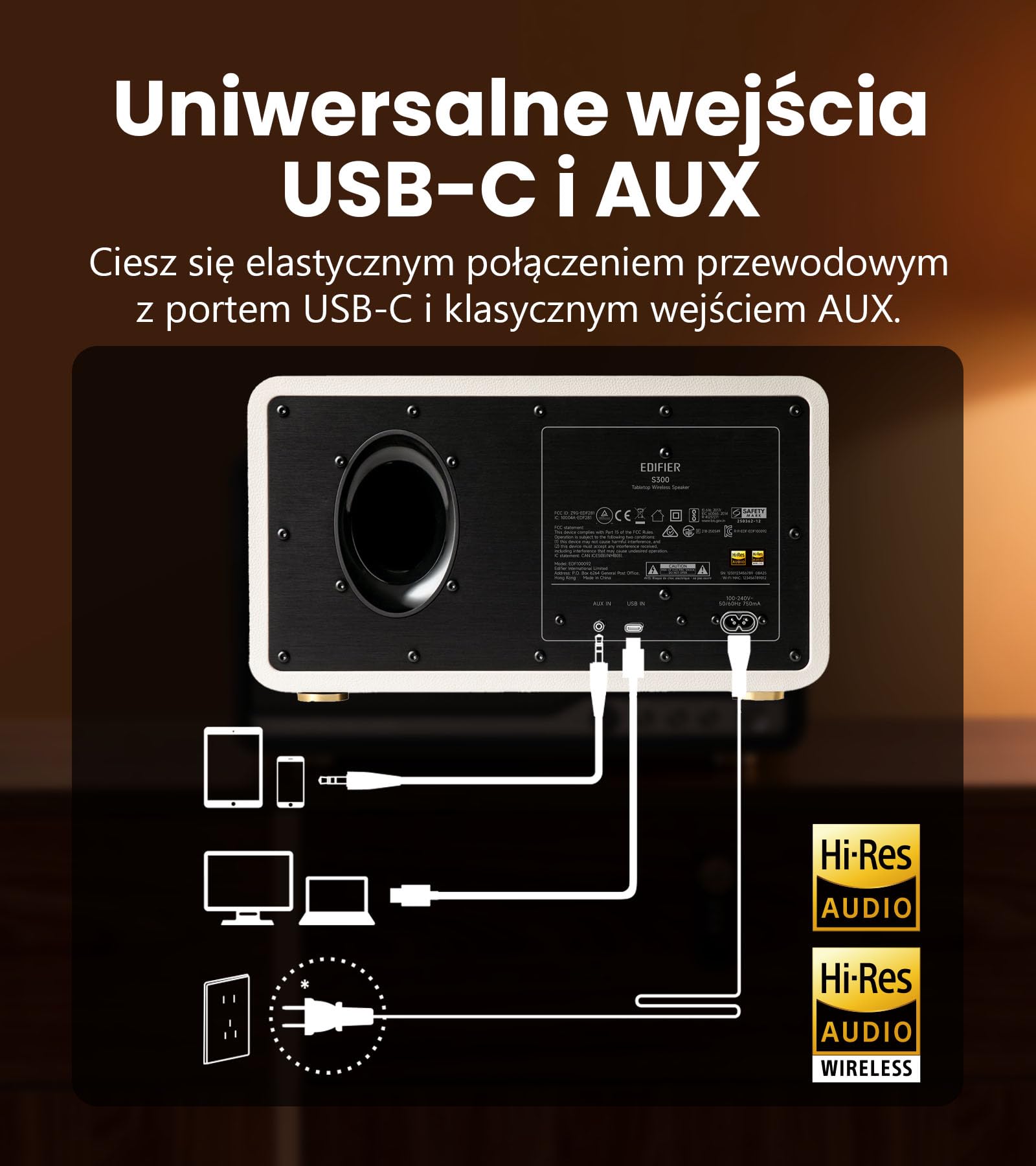 Edifier S300 Retro Głośniki Biurkowe Z Airplay 2 I Mocą 80w, Czarny Orzech | Hi-Res Przewodowy I Bezprzewodowy, Bluetooth 5.4 Wielopunktowe, Wejścia Aux & Usb-c, Pilot, Do Systemów Multiroom