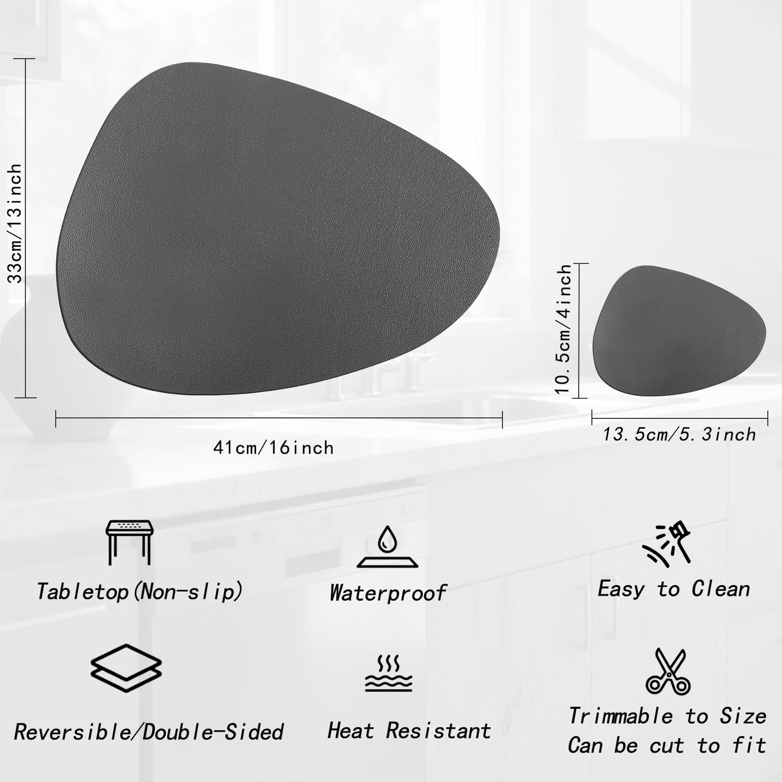 Set de 6 Manteles Individuales Lavables Ovalados & Posavasos, Doble Cara Antideslizante Impermeables para Cocina, Comedor, Oficina (Negro - Gris)