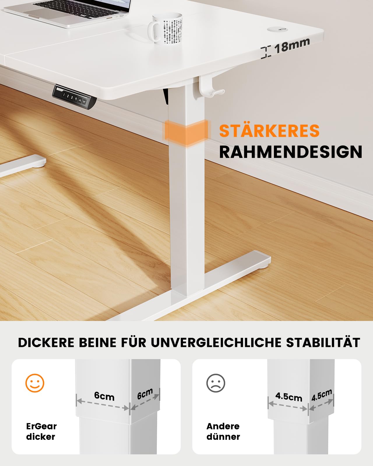 ErGear Höhenverstellbarer Schreibtisch-160 x 80cm,100 KG Tragkraft Elektrischer Schreibtisch mit Fortgeschrittenem Bürstenlosem Motor, Leise Funktion, Robuster Metallrahmen, Vierteilige Tischplatte