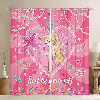 Manfei Girly Pink Window Curtains Fashion Cartoon Window Drapes for Kids Girls Women Room Decor, Candy Pearl Donut Bow Window Treatments Grommet Top 2 Panel Set Bedroom Curtains, 42Wx90L inch