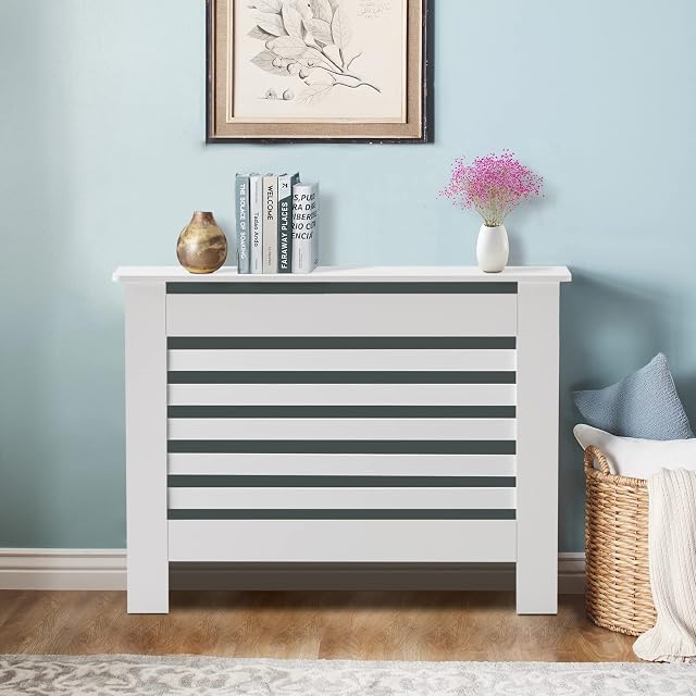 TUKAILAi Modern Designs White Cabinet Radiator Cover with Slat MDF Wood Grill Cabinet Top Storage Shelf Painted for Living Room Bedroom Hallway Kitchen Bathroom Horizontal M-100 * 16 * 80cm