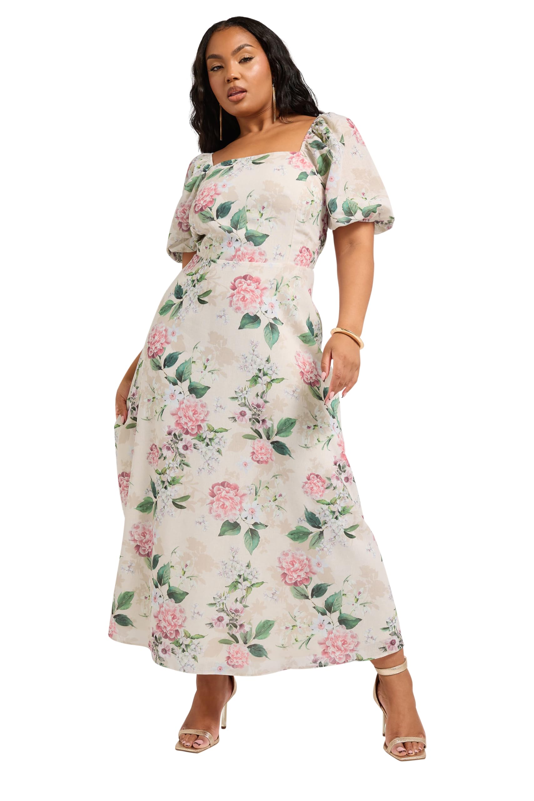 Yours Women's Ivory London Curve White Floral Print Linen Look Maxi Dress - Plus Size Curve