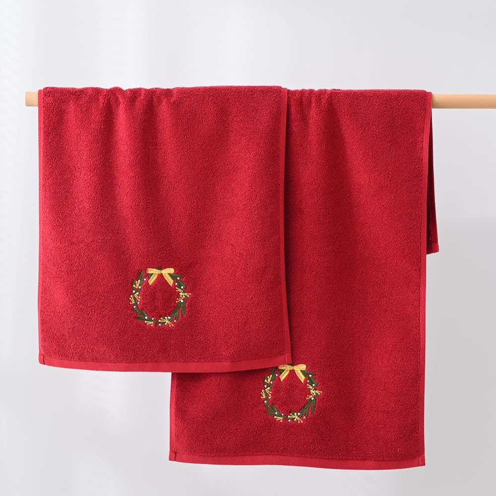 YiLUOMO Red Hand Towel Set of 2 Christmas Wreath Embroidered Highly Absorbent 100% Cotton Super Soft Decorative Hand Towels for Bathroom Home Hotel Spa 13 x 29 Inch - Image 2