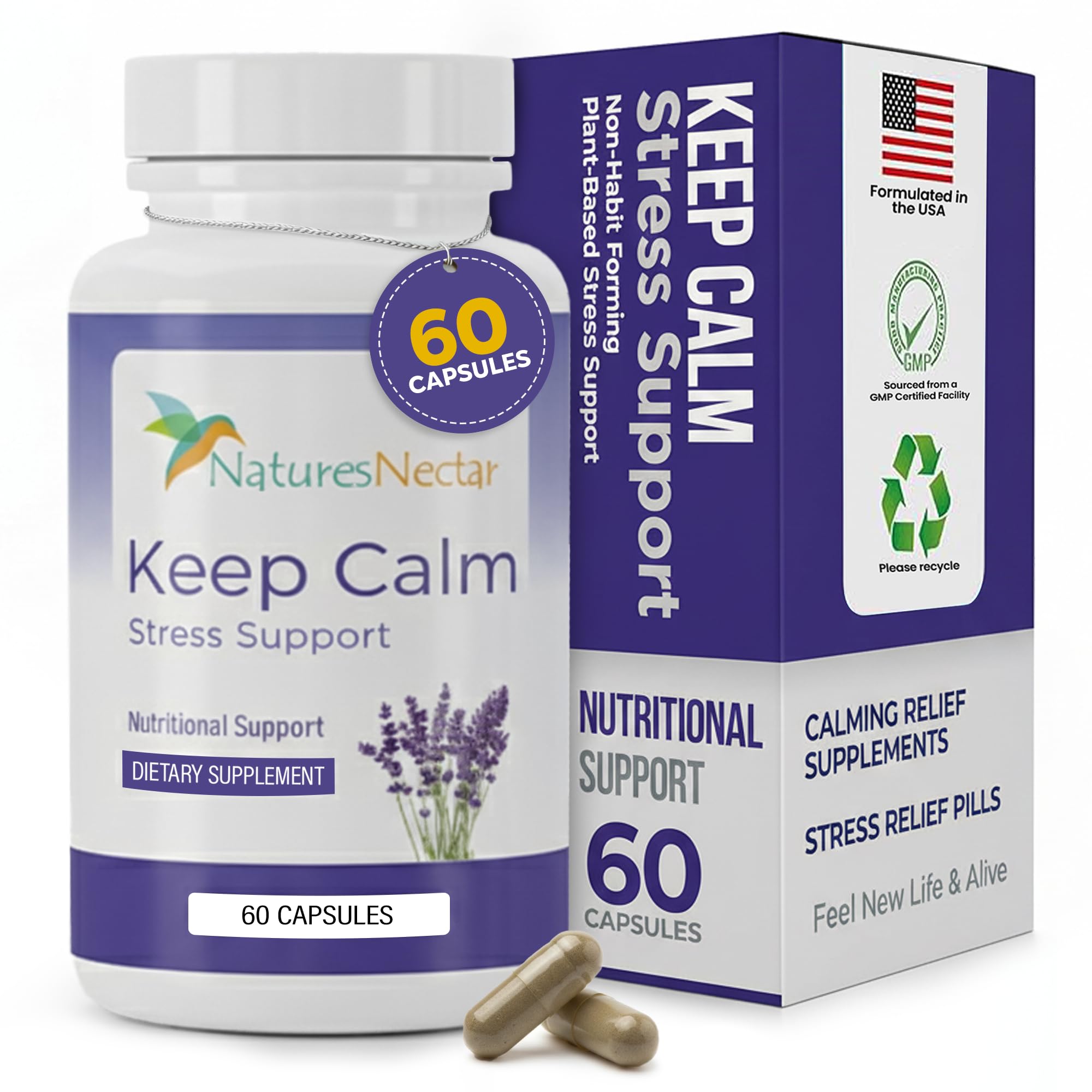 - Nature's Nectar Anxiety and Stress Relief Supplements – Keep Calm Capsules with Ashwagandha, GABA, Magnesium & 5-HTP – Nervousness & Irritability Mood Supports Relaxation Lemon Balm 60 Filled Capsules