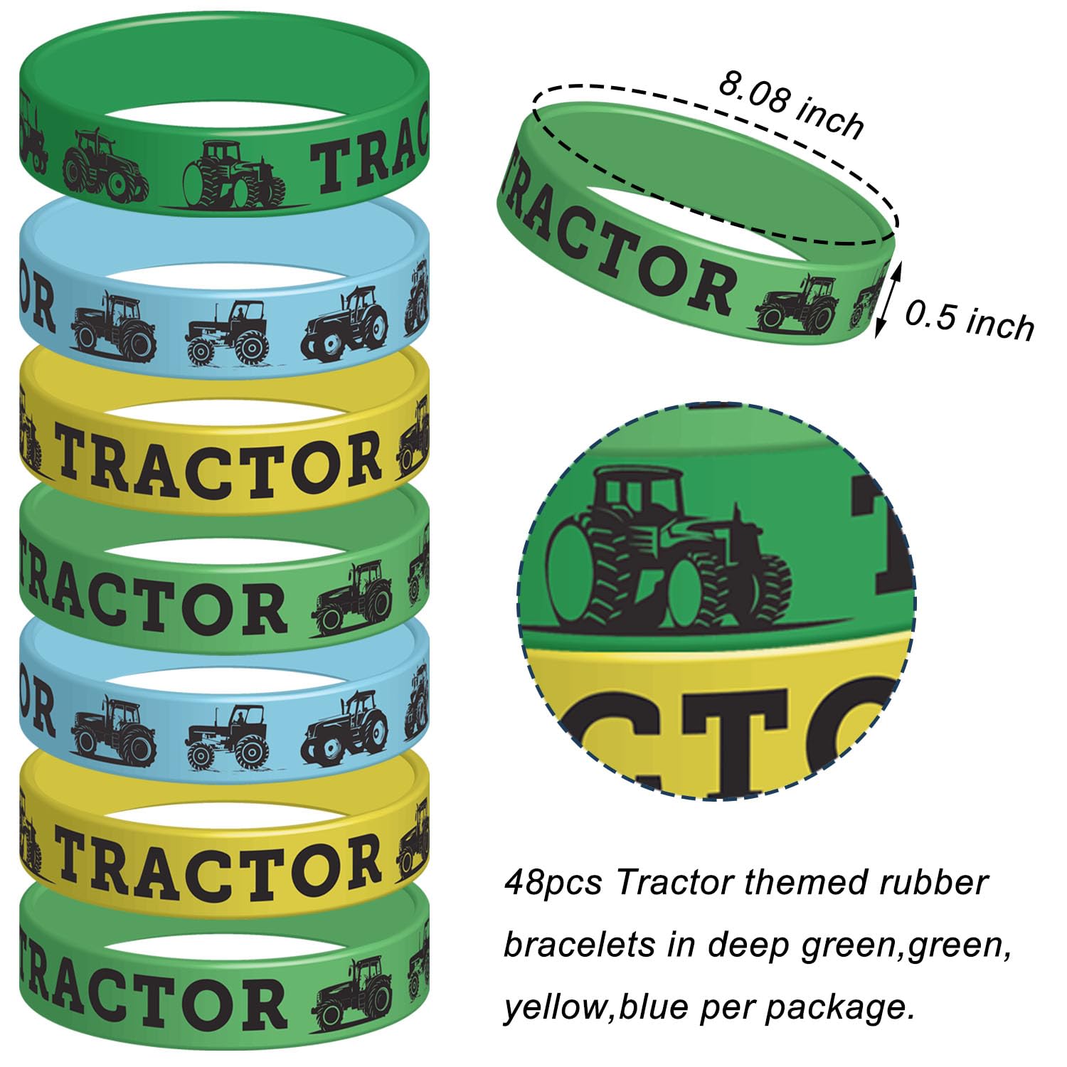 ATSMOICY 48 Pieces Tractor Party Wristbands Rubber Bracelets - Farm Green Tractor Birthday Party Favors Supplies Decorations Goodie Bag Favor Stuffer Stretchable Silicone Wristband
