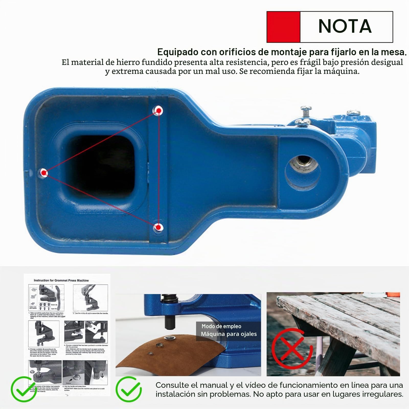 FreeTec Maquina de Ojales, Prensa de Ojales Metalicos con Perforadora y Martillo, 6/10/12mm Manual Máquina de Ojales con 3 Matrices 1500 Ojales Plateado para Lonas Cuero Telas Cortinas Bolsos