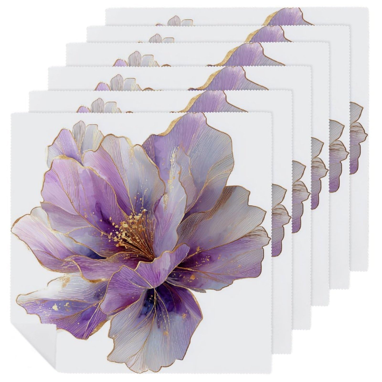 Abstract Watercolor Translucent Lilac Flower with Gold Cloth Napkins Set of 6, Square Premium Reusable Washable Polyester Table Linen Napkin for Dinner Party