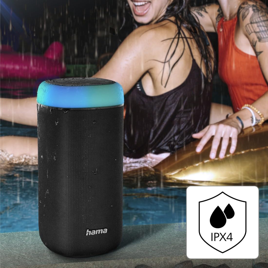 Hama Enceinte Bluetooth Portable Shine 2.0" Lumineux 5 Couleurs sans Fil, Lumière LED, Haut Parleur Etanche IPX4, Rechargeable Autonomie 12h, Résistance poussière et Chocs, Puissance 30 W, Noir