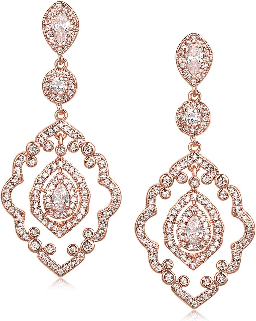Chandelier Wedding Earrings Rose Gold Bridal Earrings for Women Brides-Art Deco Drop Dangle Earrings