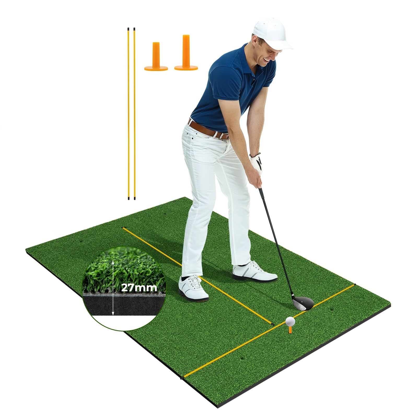 COSTWAY Tapete de Golf 1,5x0,9m, Alfombrilla de Césped Sintético 3 en 1, 2 Tees/2 Palos de Alineación/6uds, Alfombra de Práctica de Golf Uso Interno y Externo