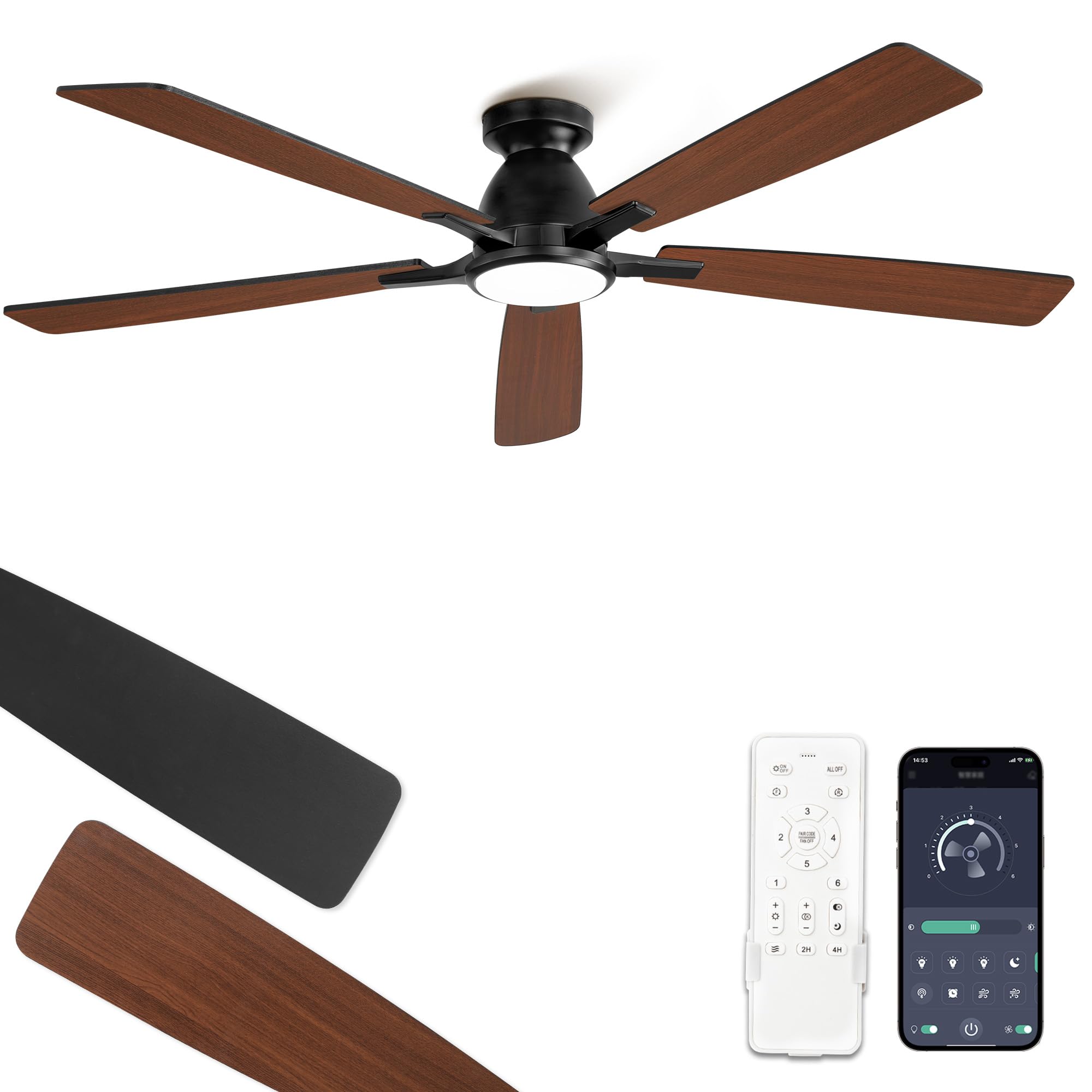 Fanbulous 60 inch Ceiling Fans with Lights, Smart Flush Mount Ceiling Fan and Remote APP, Modern Low Profile, 3CCT 20W LED with 6-Speeds Quiet Reversible Motor for Bedroom, Living Room, Kitchen, Black