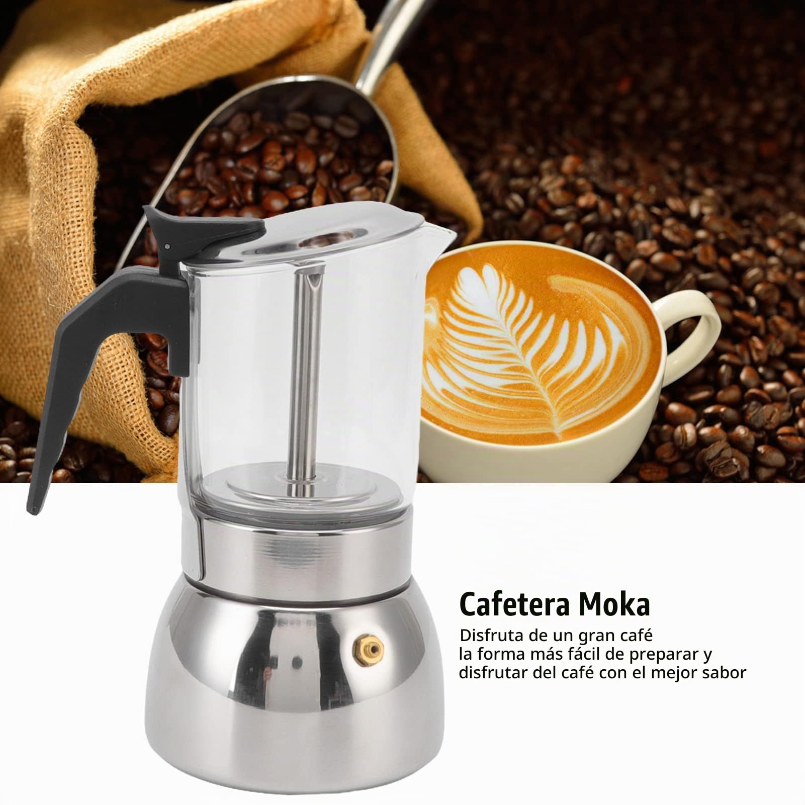 Italiana de Cristal Moka Pot de Acero Inoxidable Resistente Al Calor, Fácil de Limpiar para Uso Doméstico y Cafetería (300ML)
