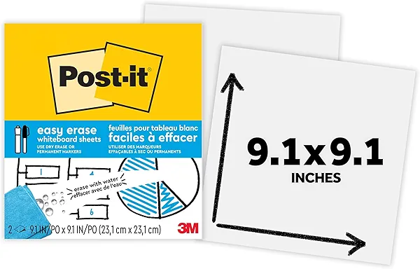 Post-it Easy Erase Whiteboard Sheets, 2 Pack, 9.1 x 9.1 in, Instant Whiteboard, Use Dry Erase and Permanent Markers (EE-SH-2PK-RET)