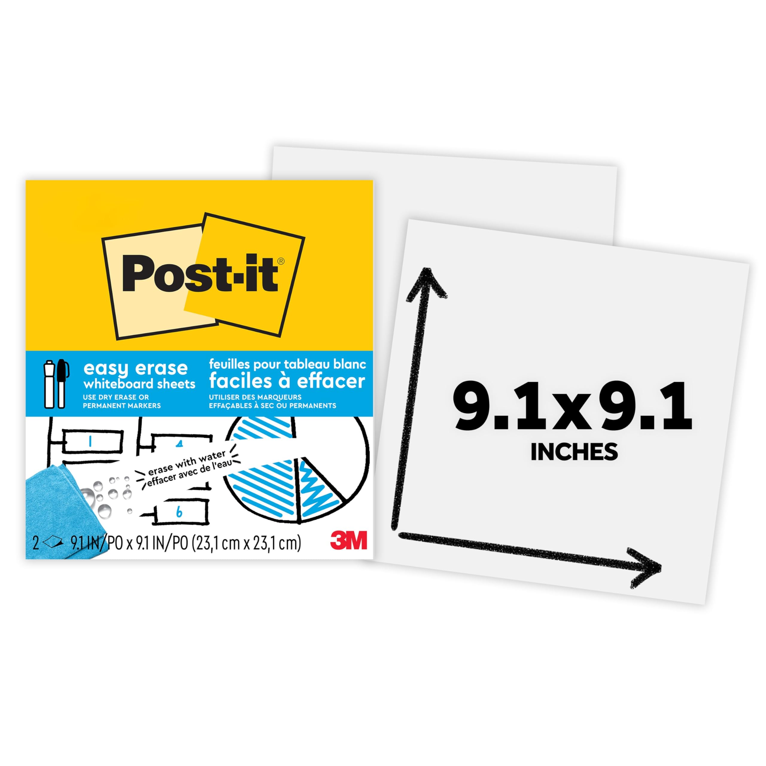 Post-itEasy Erase Whiteboard Sheets, 2 Pack, 9.1 x 9.1 in, Instant Whiteboard, Use Dry Erase and Permanent Markers (EE-SH-2PK-RET)