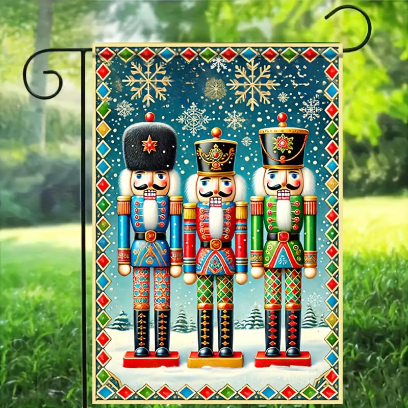 Image of BlissYard Christmas Nutcracker Soldiers Garden Flag 12x18 Inch Polyester | Double sided polyester, Christmas nutcracker soldiers snowflakes design, classic holiday decor for porch and yard
